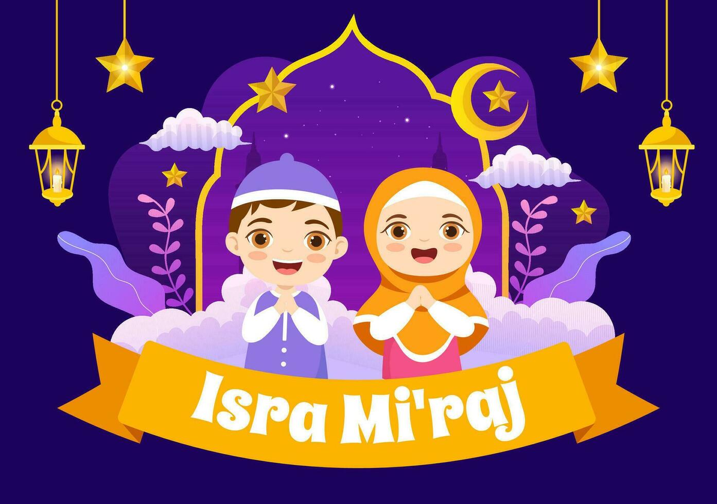 Isra Mi'raj Vector Illustration. Translation The Night Journey Prophet Muhammad. with Mosque and Lantern in Islamic Holiday Flat Cartoon Background