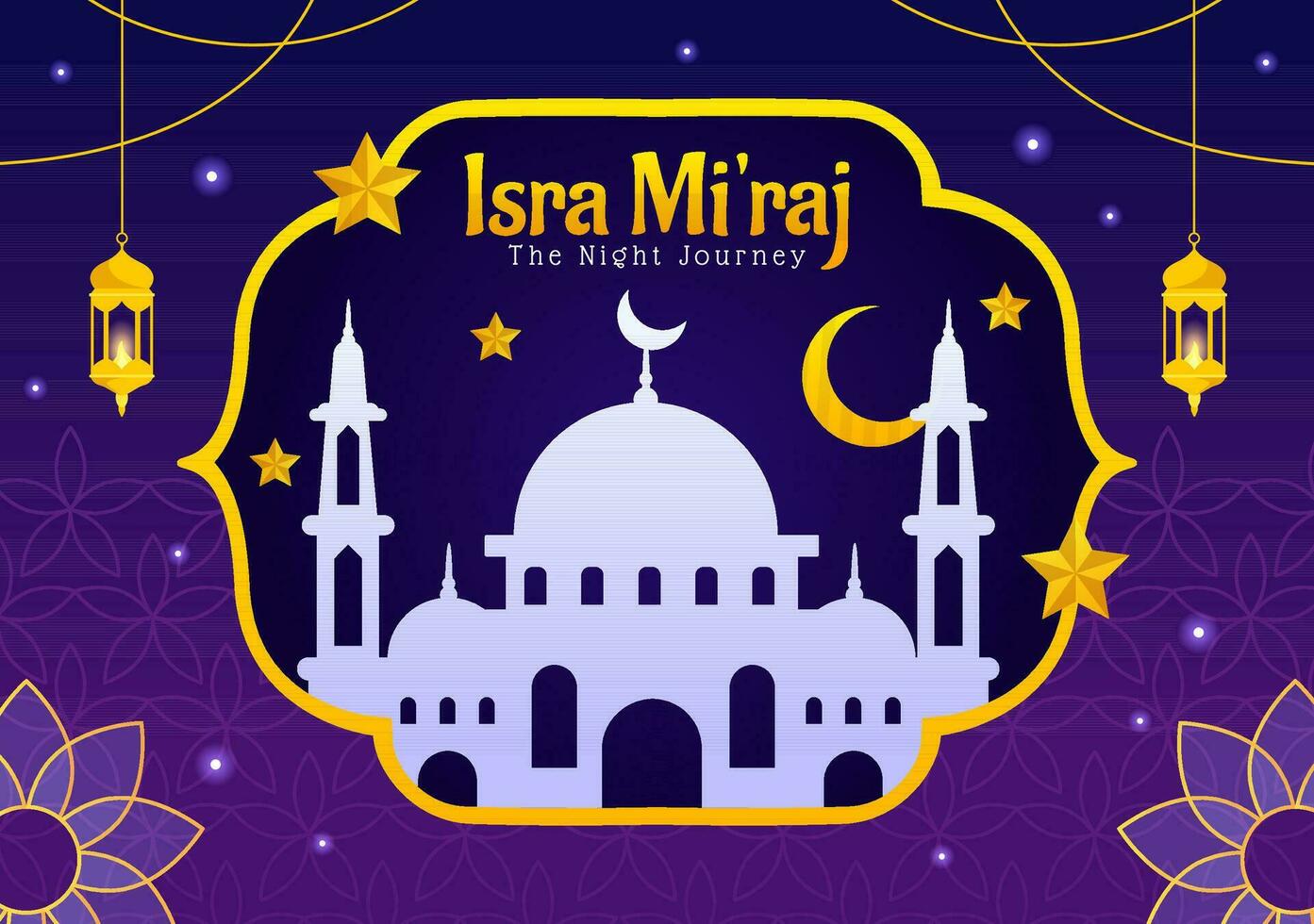 Isra Mi'raj Vector Illustration. Translation The Night Journey Prophet Muhammad. with Mosque and Lantern in Islamic Holiday Flat Cartoon Background