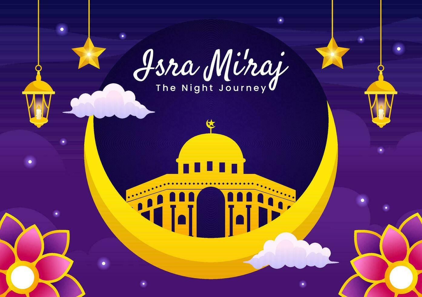 Isra Mi'raj Vector Illustration. Translation The Night Journey Prophet Muhammad. with Mosque and Lantern in Islamic Holiday Flat Cartoon Background