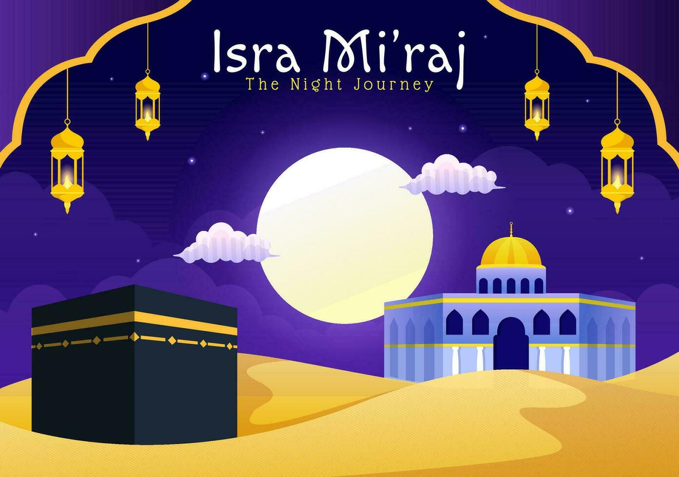 Isra Mi'raj Vector Illustration. Translation The Night Journey Prophet Muhammad. with Mosque and Lantern in Islamic Holiday Flat Cartoon Background