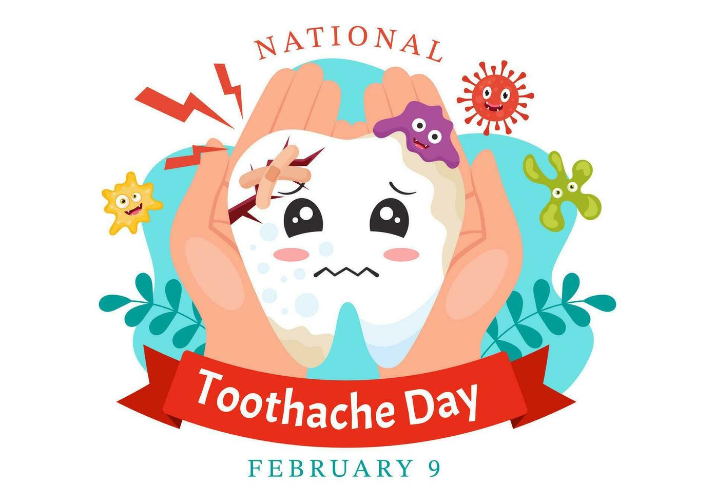 nacional dolor de muelas día vector ilustración en febrero 9 9 para dental higiene entonces como no a porque dolor desde gérmenes o bacterias en plano antecedentes