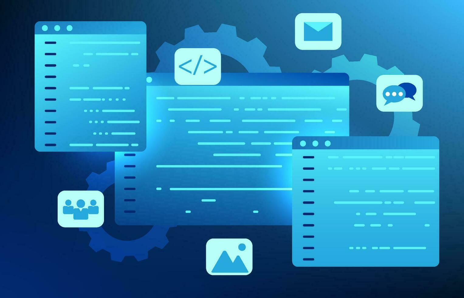 Software system development technology It is a screen for writing code to give instructions for using the computer system. The software is also used in manufacturing and in artificial intelligence. vector