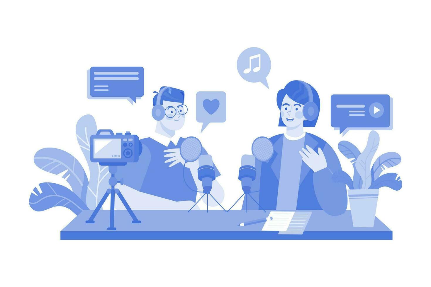 Man And Woman Recording A Podcast Conversation vector