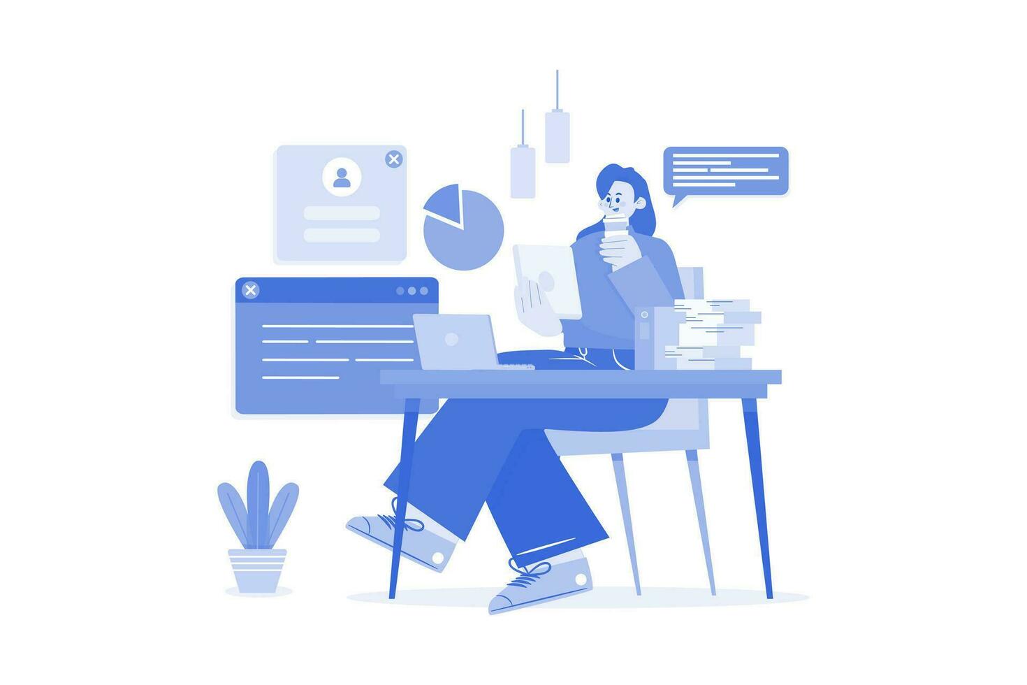 Woman Working On A Tablet While Drinking Coffee vector
