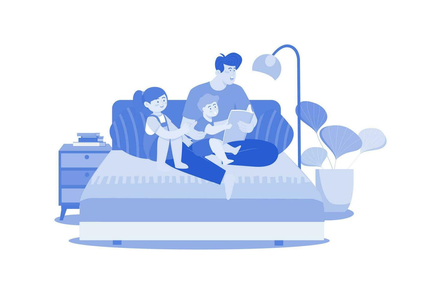 Daddy And Kids Sitting Together With Storybooks vector