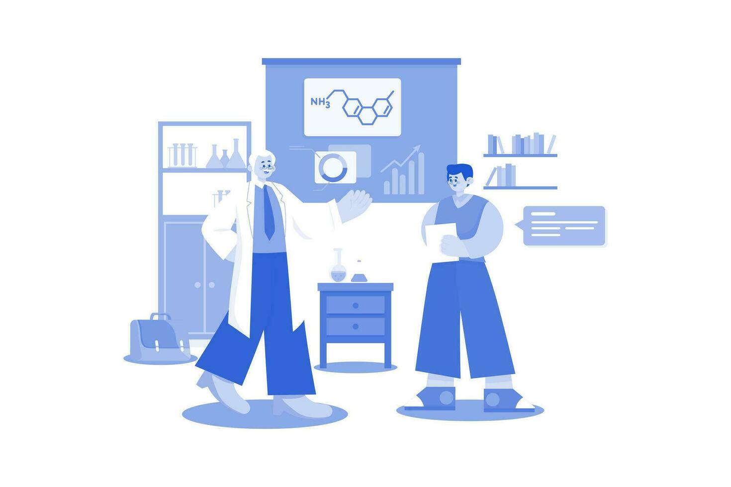 Professor teaching chemistry to a fellow student vector