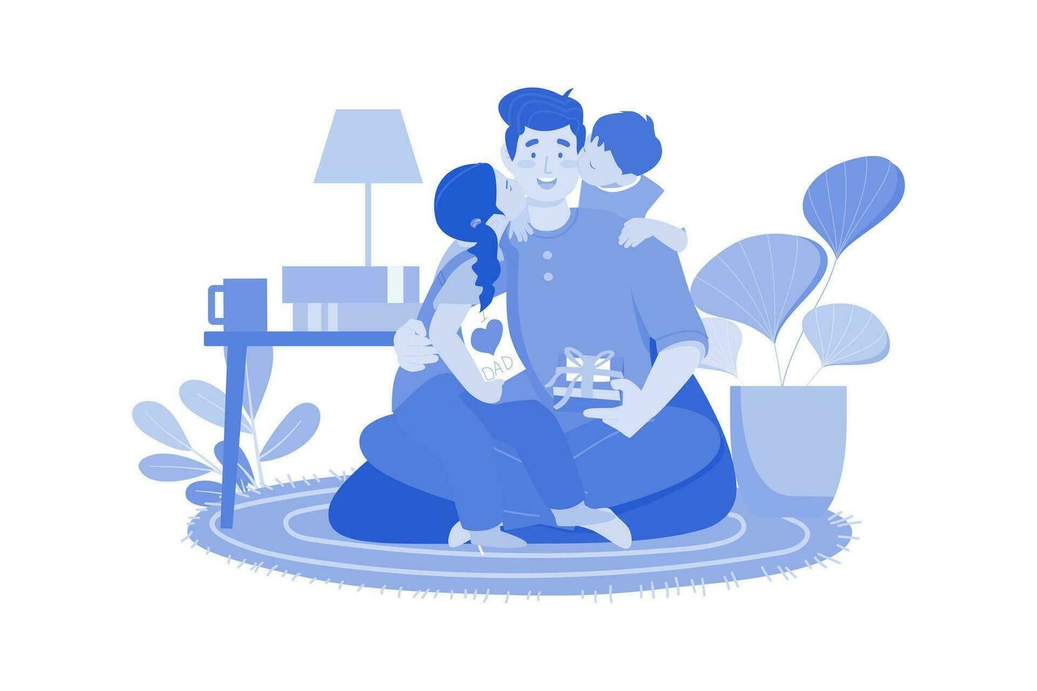 Son And Daughter Kiss Their Happy Father's Cheeks From Both Sides vector