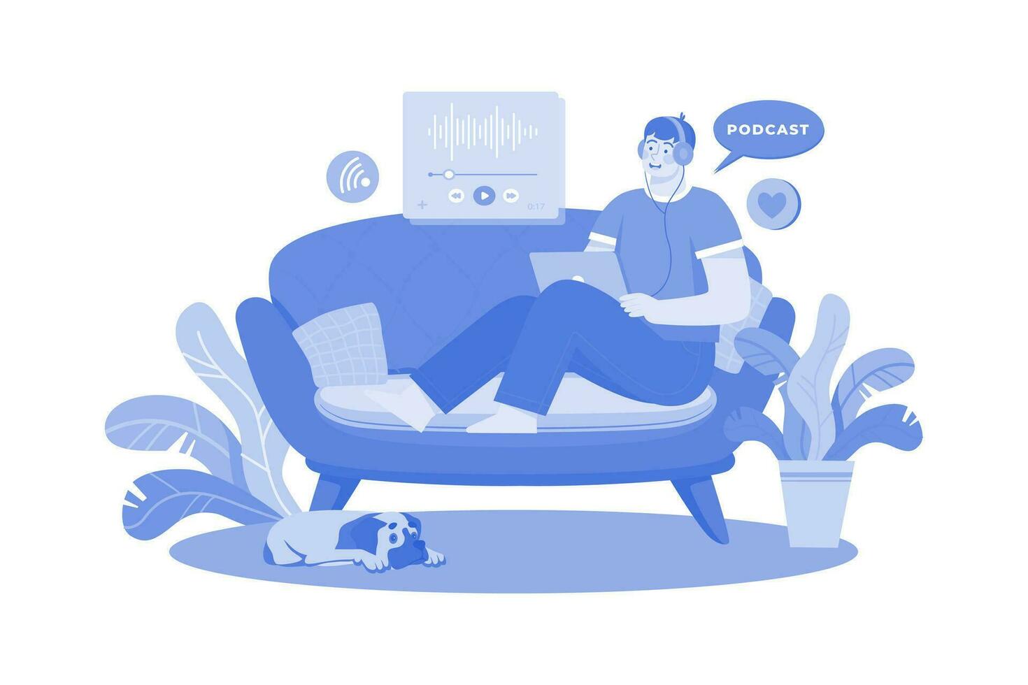hombre escuchando el podcast mientras está sentado en un sofá vector