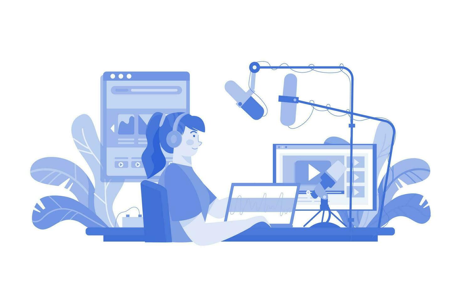 mujer editando podcast en el estudio vector