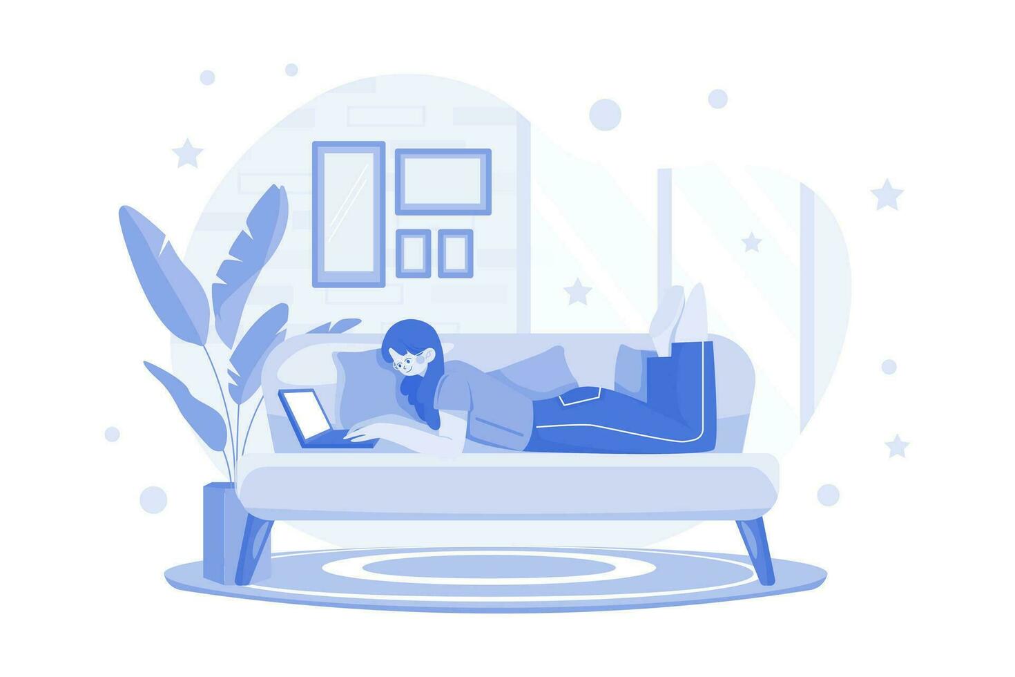 Man Laying On The Couch And Doing Work On A Laptop vector