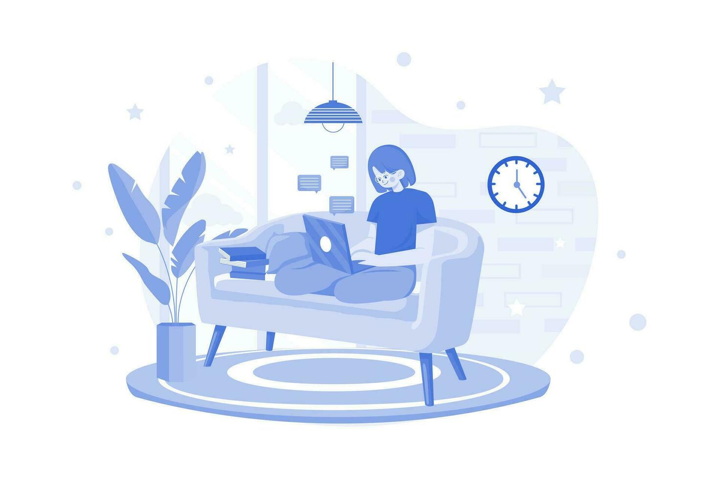 Woman Employee Working From Home While Seating On The Couch vector