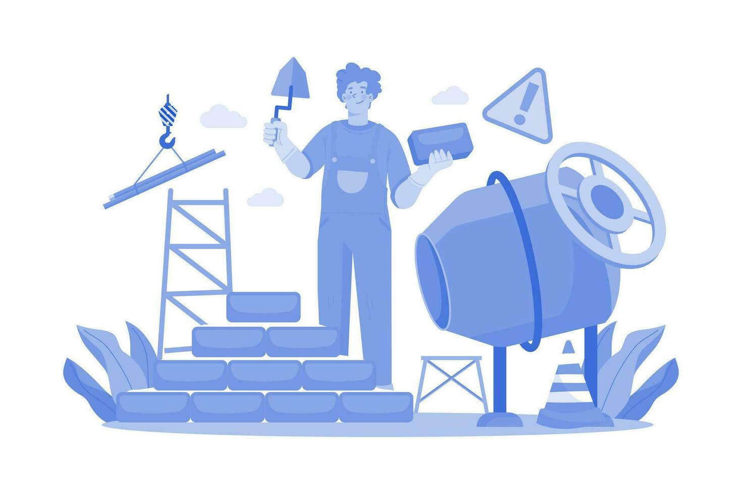 Man Builder With Trowel Laying Bricks In Wall vector