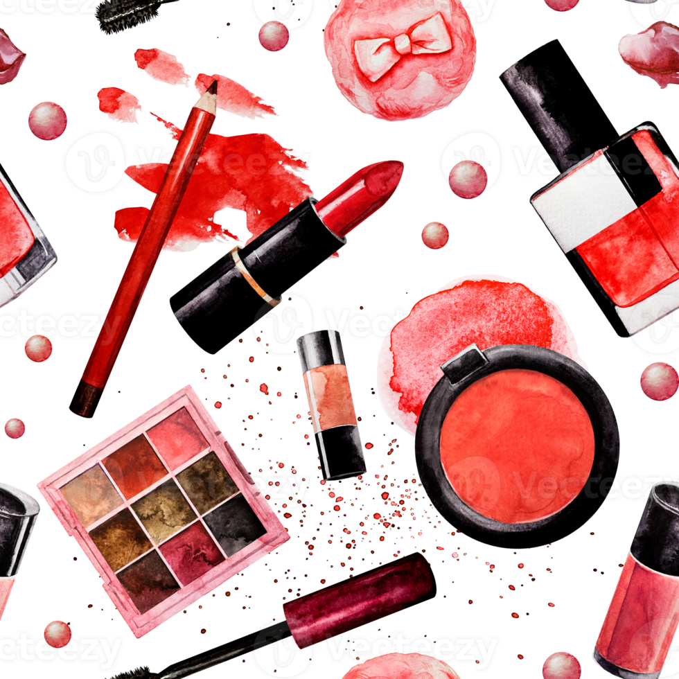 Red pattern of decorative cosmetics. Watercolor. Mascara, red lipstick, blush, eyeshadow, nail polish, puff, brush, pencil, contouring, highlighter. Isolated. For fabric or textile. png