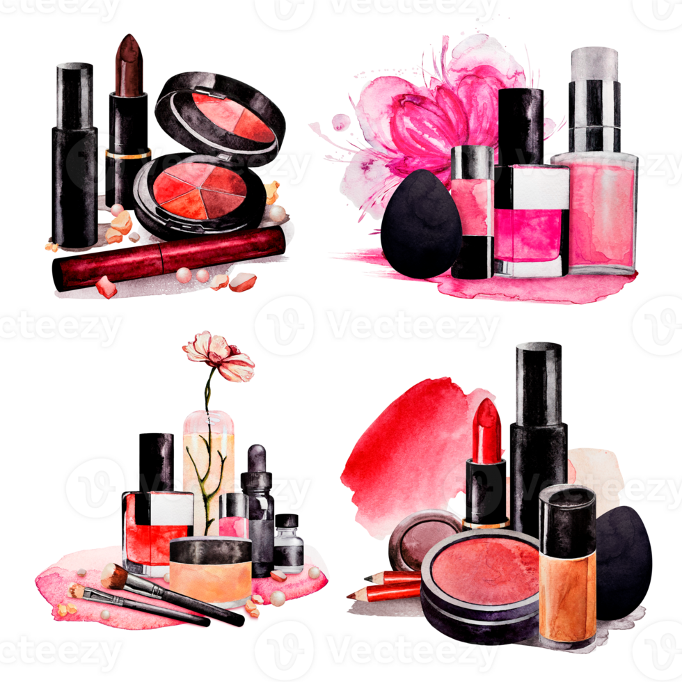 Collection of decorative cosmetics. Watercolor. Powder, mascara, lipstick, blush, oval sponge, blender, eyeshadow, nail polish, brush, concealer . Isolated. For card or sales. png