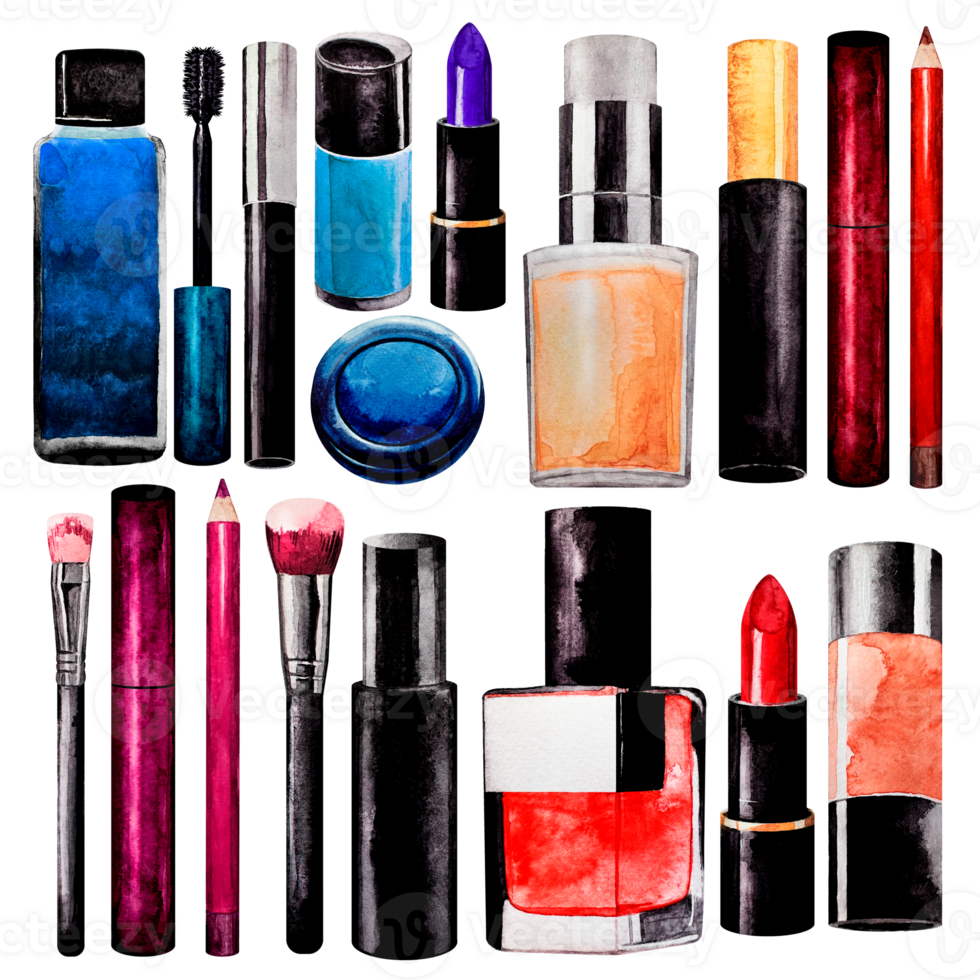 Set of decorative cosmetics. Watercolor. Mascara, lipstick, eyeliner, blush, nail polish, toner, micellar water, brush, contouring, highlighter. Isolated. For card or sales. png