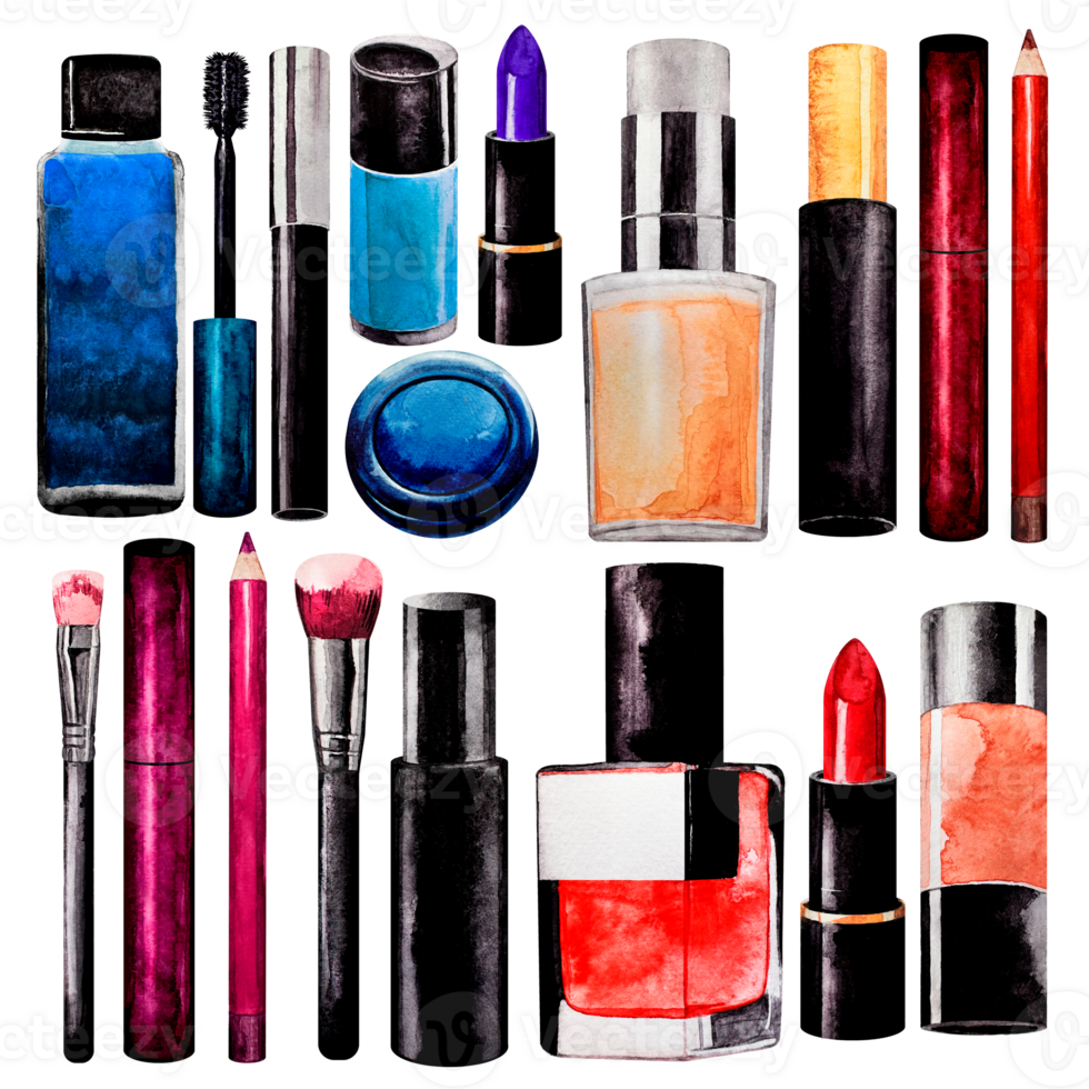 conjunto do decorativo cosméticos. aquarela. rímel, batom, delineador, corar, unha polonês, toner, micelar água, escovar, contornando, marcador. isolado. para cartão ou vendas. png