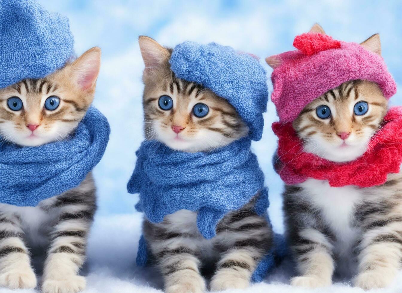 three colored cat in a winter hat and a scarf on the winter background. photo