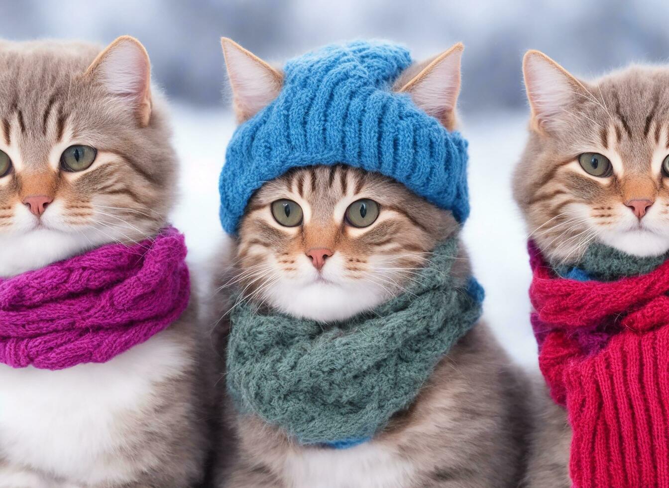 three colored cat in a winter hat and a scarf on the winter background. photo