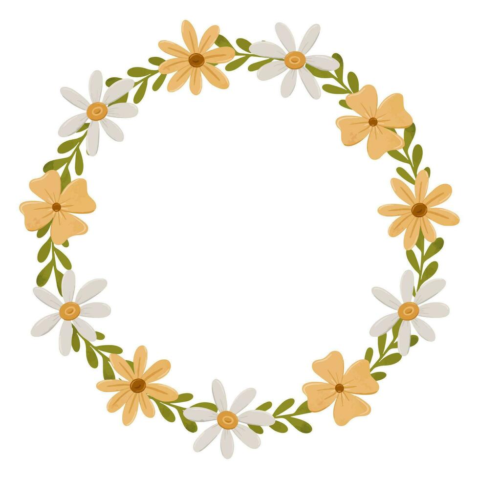 Pretty wreath with simple daisy flowers. Chamomile circle frame in scandinavian style. Stylized tiny flowers, digital illustration for cards, invitations, decorations, logo. vector
