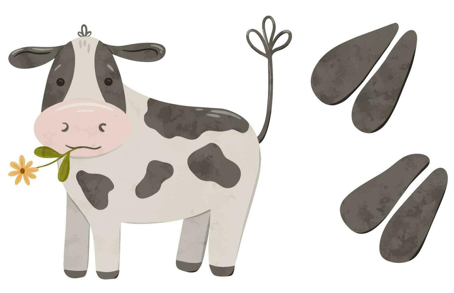 Cute cow with a yellow flower in her mouth and footprint. Digital hand drawn illustration with little farm animal for textile design, education, baby shower, children prints. vector
