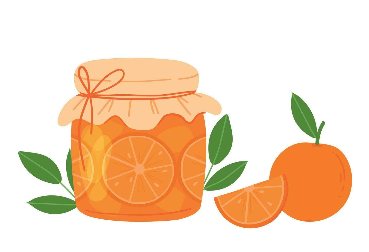 Orange jam in glass jar with slices orange isolated on white background. Homemade sweet food. Orange and jam in jar. Vector flat illustration.