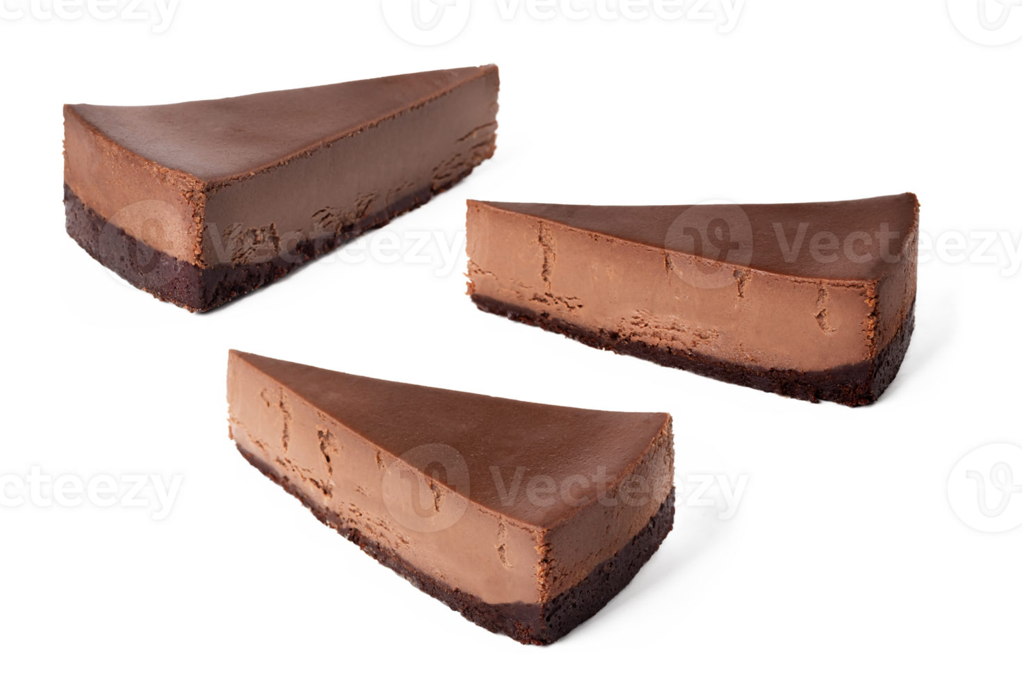 set pack of different angles slices of chocolate cheesecake on invisible background isolated png