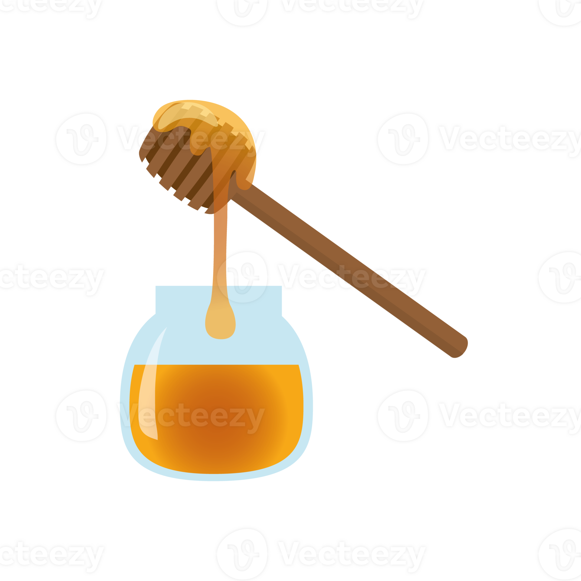 realistic isolated honey jar and stick with liquid honey flowing in a