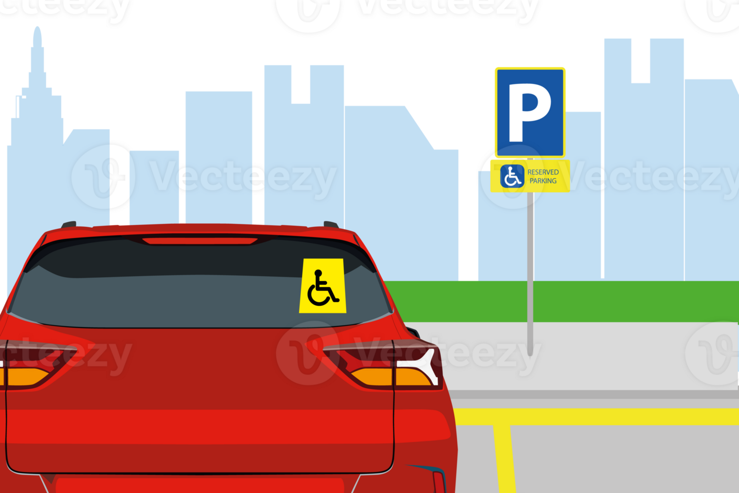 Traffic or road rules. Disabled parking area sign. Back view of a car with handicap access sticker on rear window. png