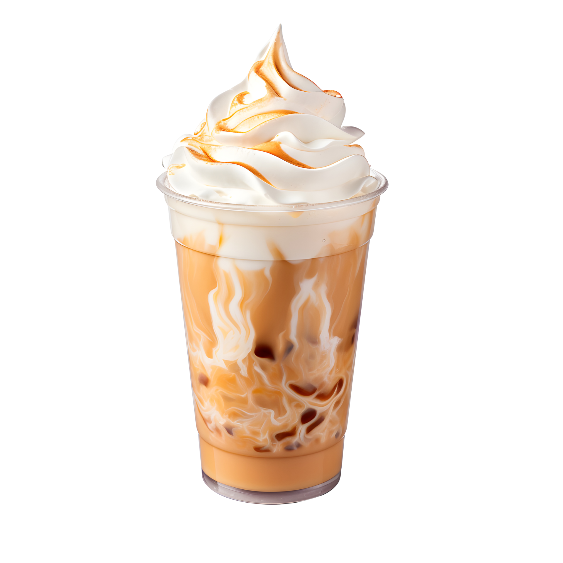 Iced caramel macchiato with whipped cream isolated on transparent