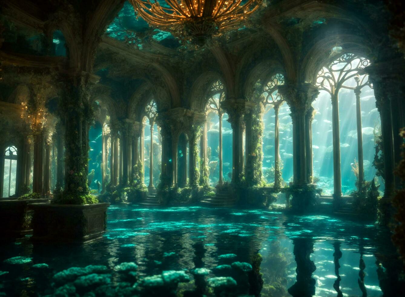 Mermaid's underwater palace, where shimmering scales and luminous flora create an otherworldly atmosphere beneath the depths of the sea. photo