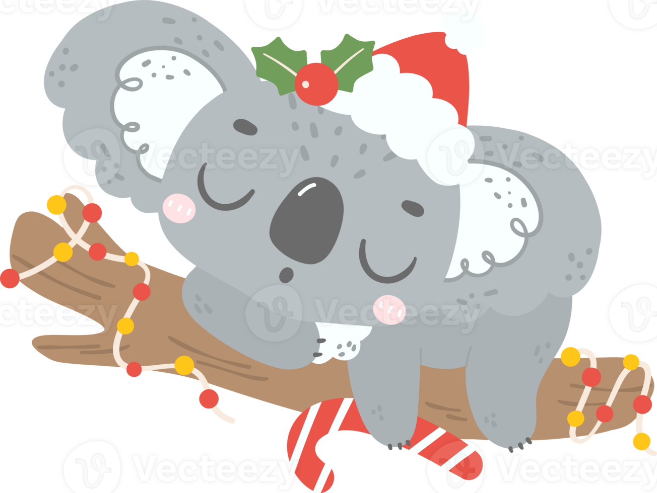 Cute Christmas Koala sleeping on tree png