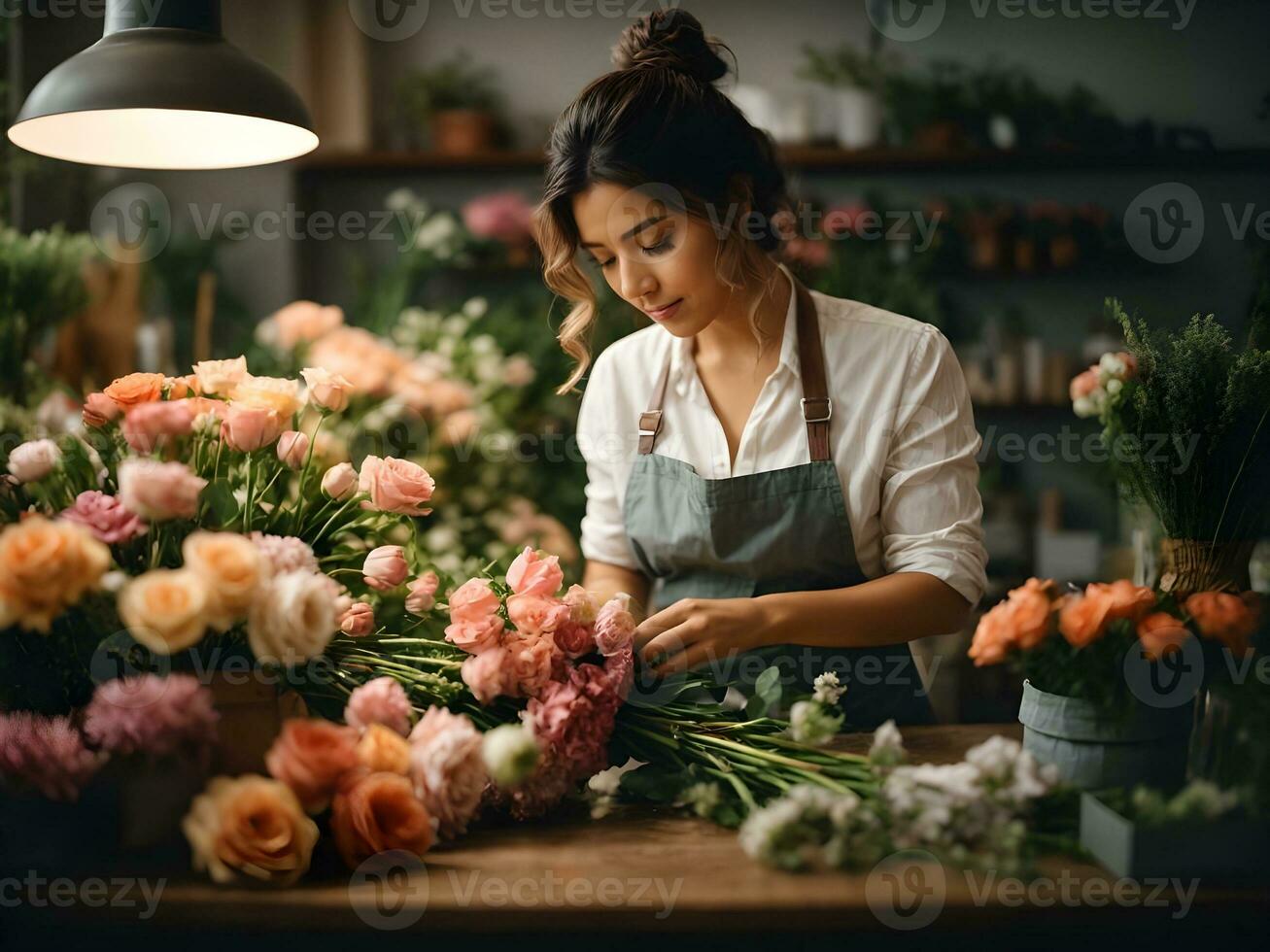 hermosa joven mujer florista haciendo ramo de flores en flor tienda foto