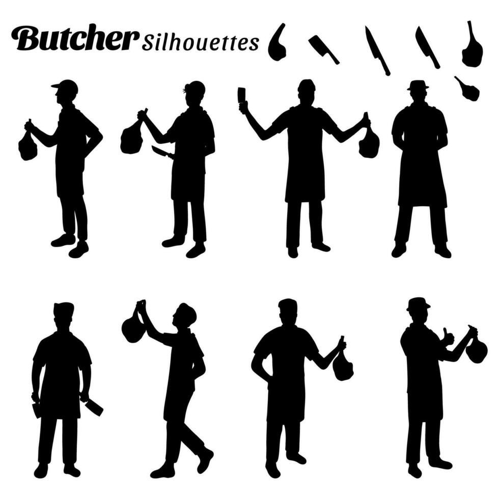 Set of illustrations of butcher man silhouettes vector