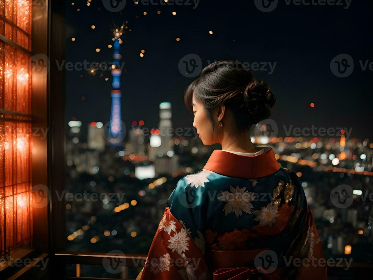 joven mujer en kimono mirando a fuegos artificiales en el noche cielo, ai generado foto