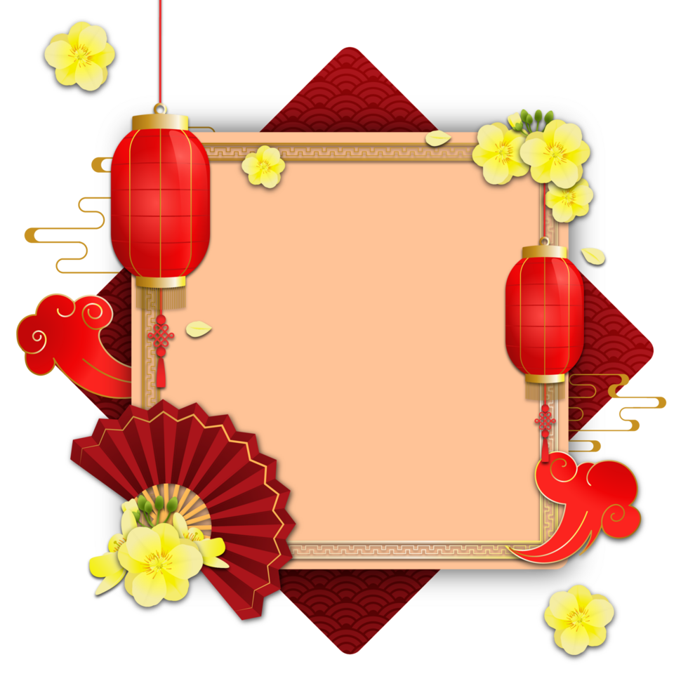 Vietnam-style frame with apricot flowers and red lantern png