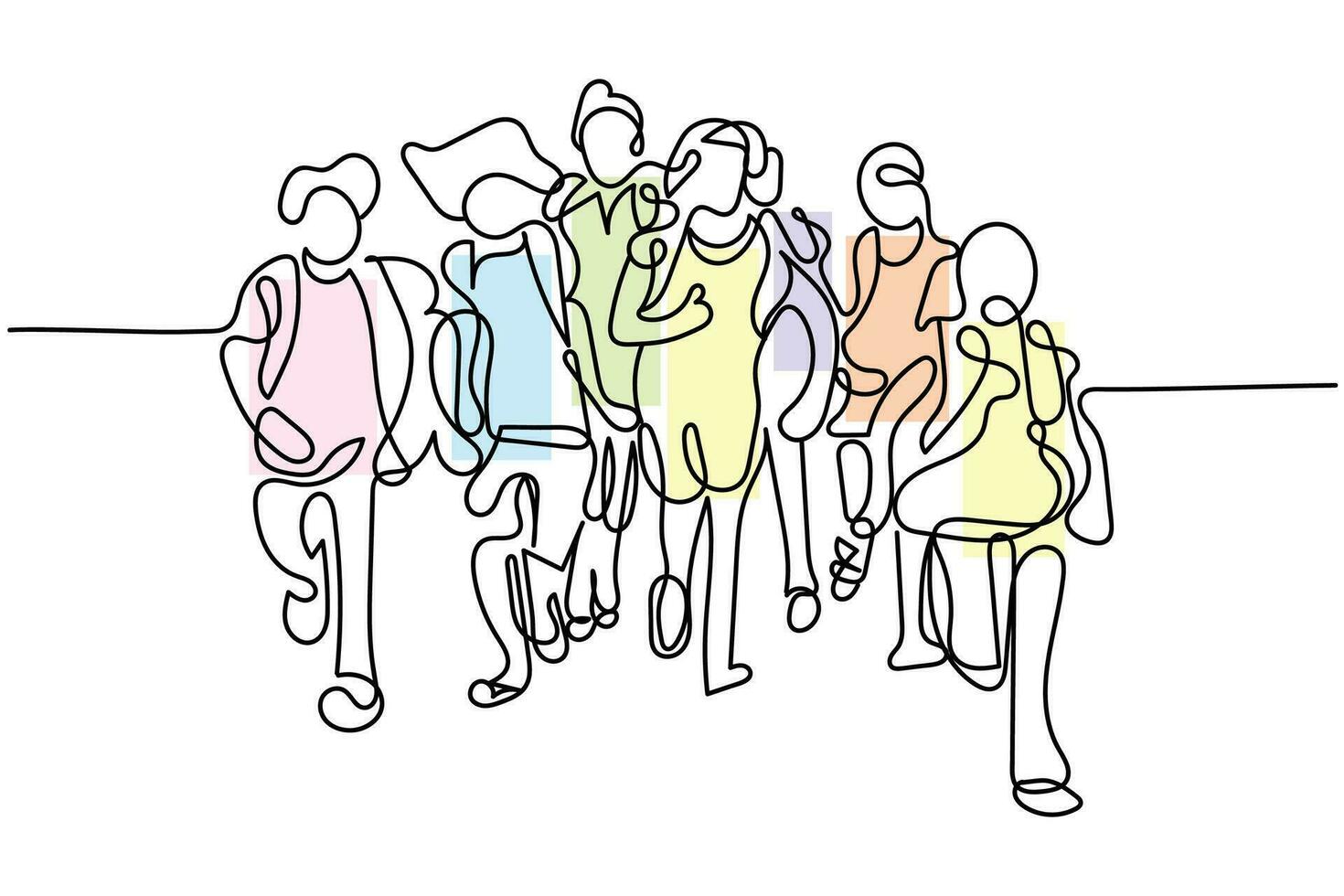 Continuous line art of a group of kids going to school or back to school. vector