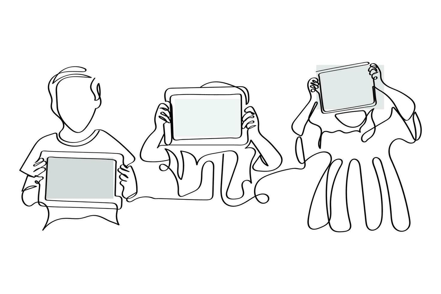 Continuous line art of kids of modern age with digital tablets. vector