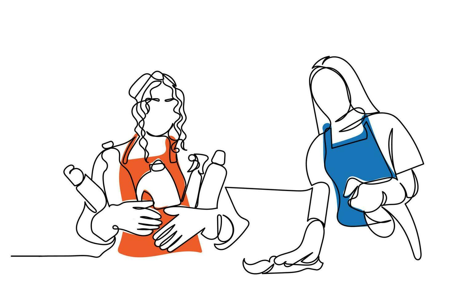 Continuous line art of two female cleaners working together. vector