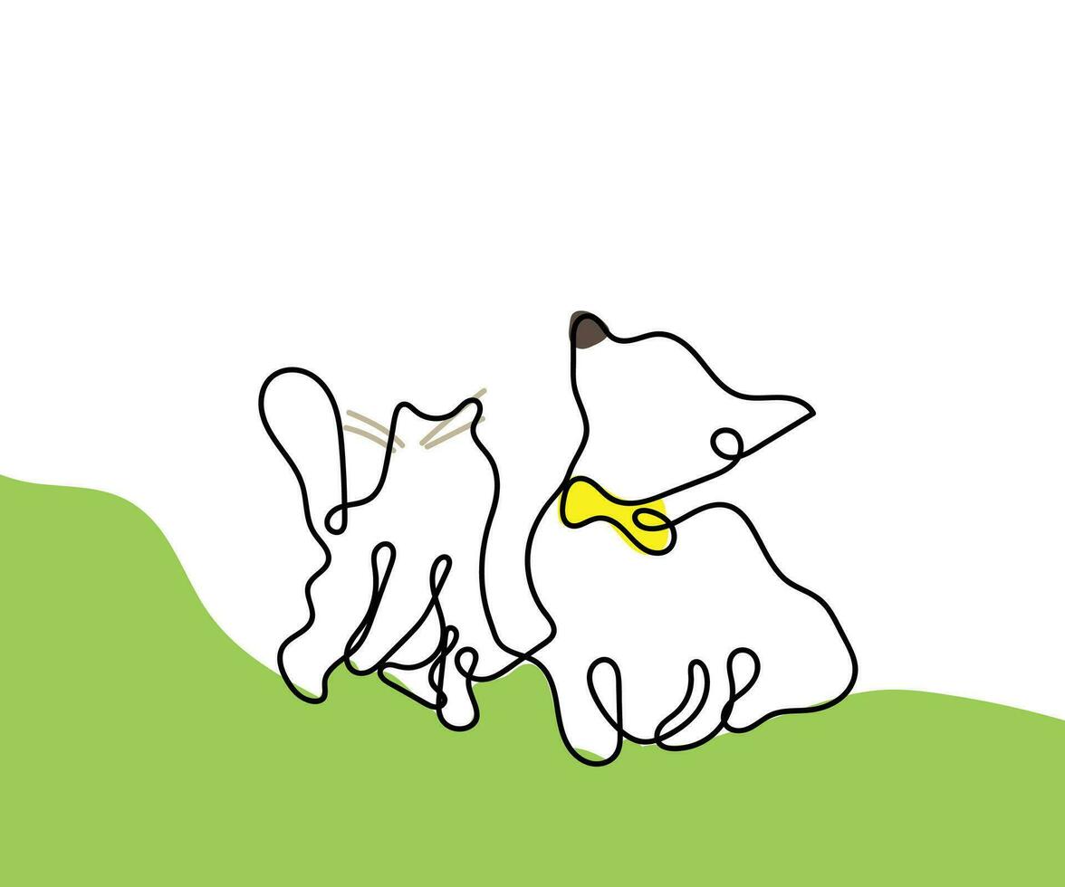 Continuous line art of a cat and dog. Concept of odd friendships. Poster design. vector