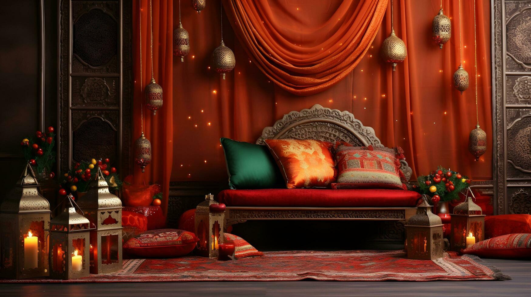 Red and Gold Living Room with Velvet Sofa and Lanterns photo