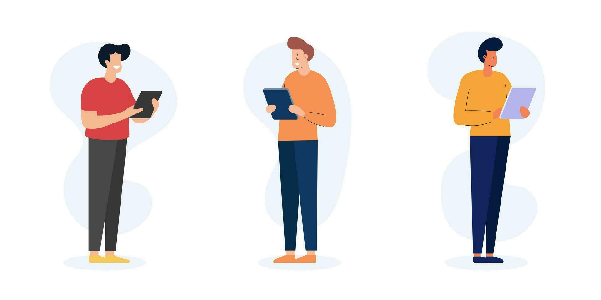 Young people using smartphones for online communication and social media interaction. Flat cartoon character illustration set. vector