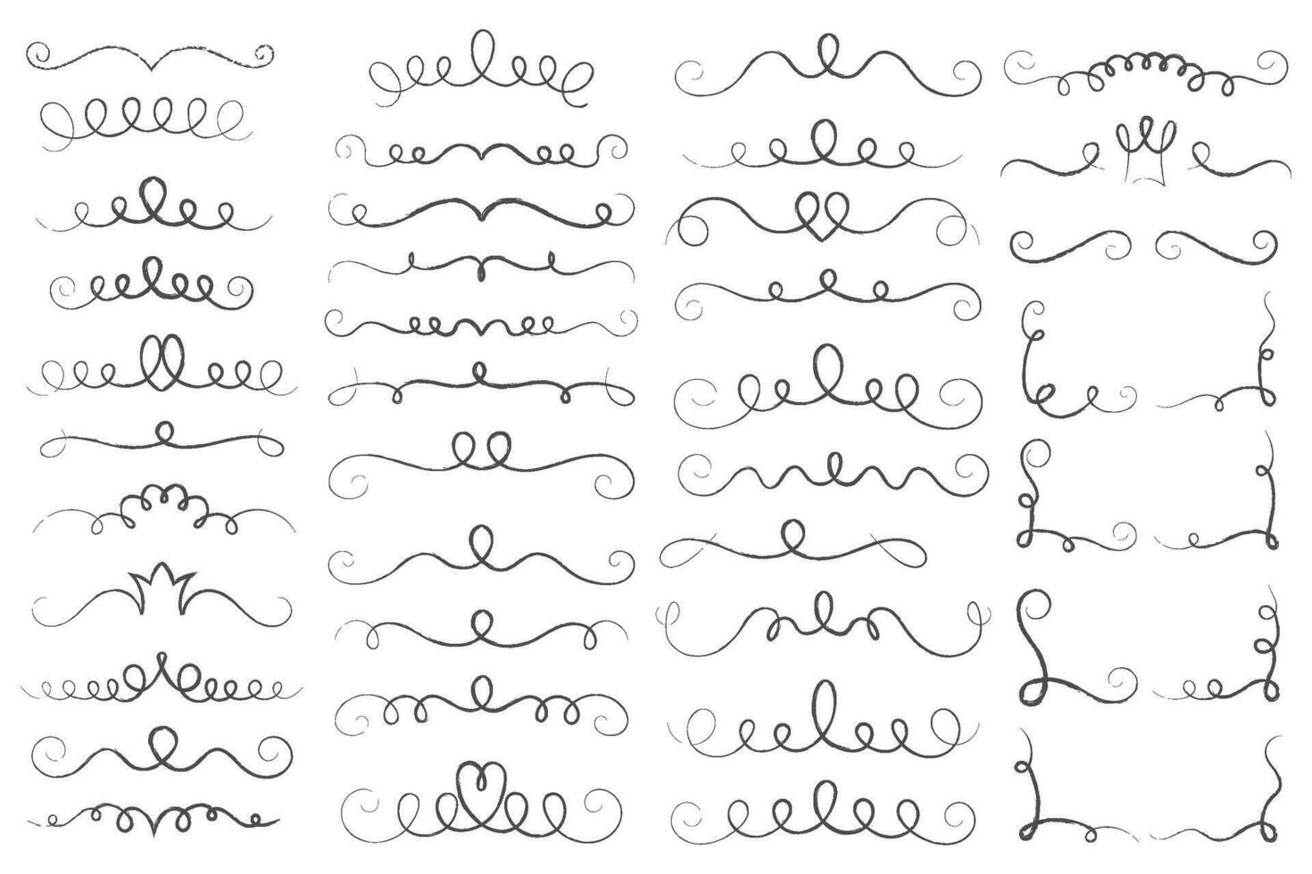 Underlines set with swishes swooshes and curly strokes. Swash hand drawn dividers. Squiggle calligraphy elements. Vector swirl doodle with hearts and crowns.