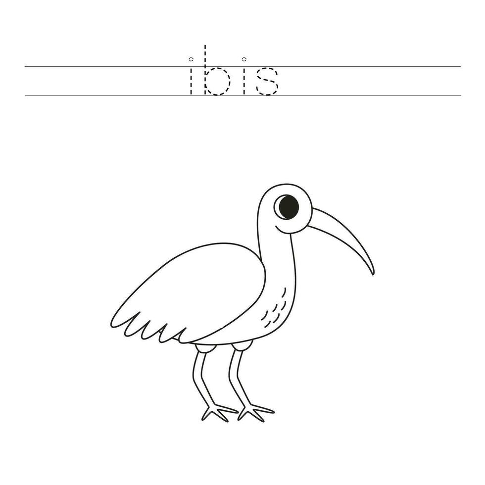 Trace the letters and color cartoon ibis. Handwriting practice for kids. vector