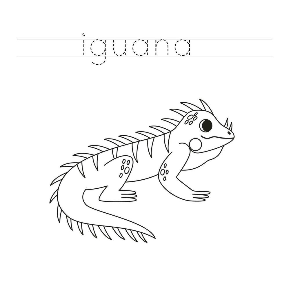 Trace the letters and color cartoon iguana. Handwriting practice for kids. vector