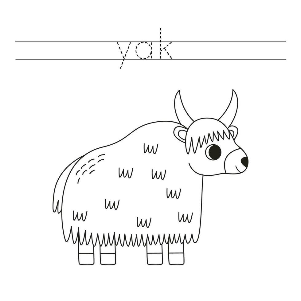 Trace the letters and color cartoon yak. Handwriting practice for kids. vector