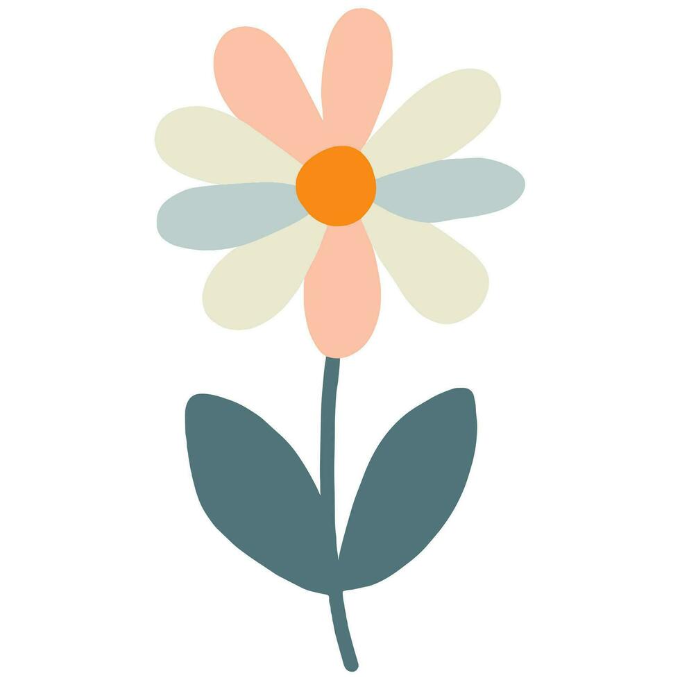 A colorful flower with pastel petals and an orange center. It has two dark leaves and a slim stem. vector