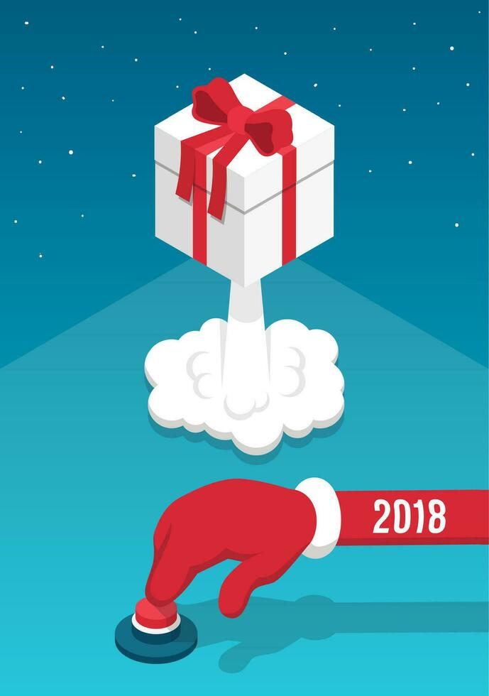 Santa hand presses the red button and launches the gift box vector