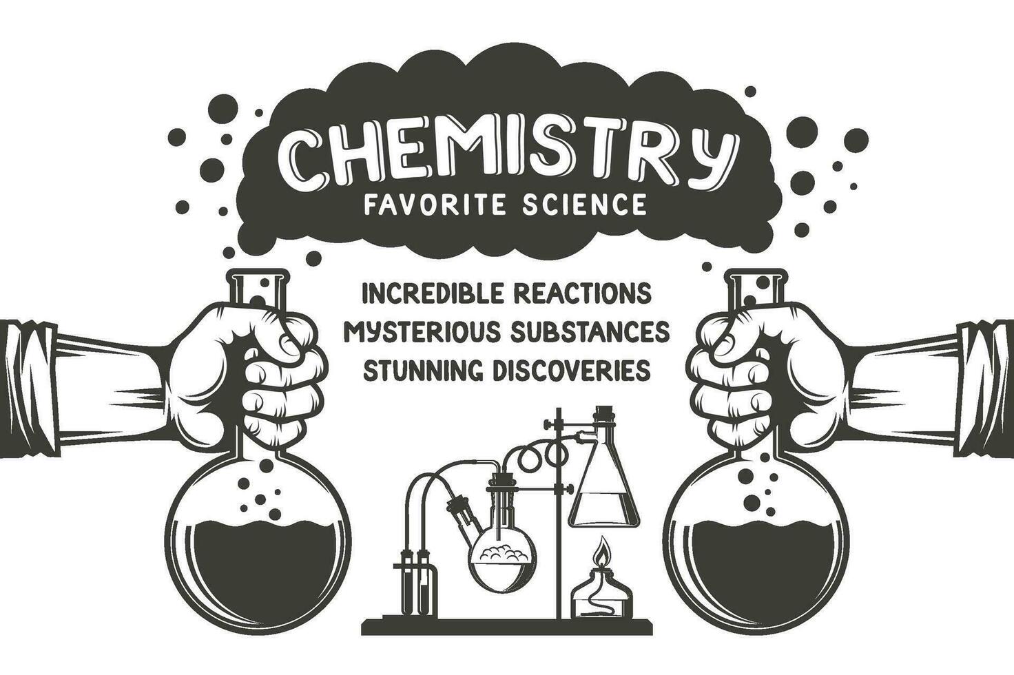 Chemistry retro poster - hands with flasks, smoke, chemical reactions and inscriptions. vector
