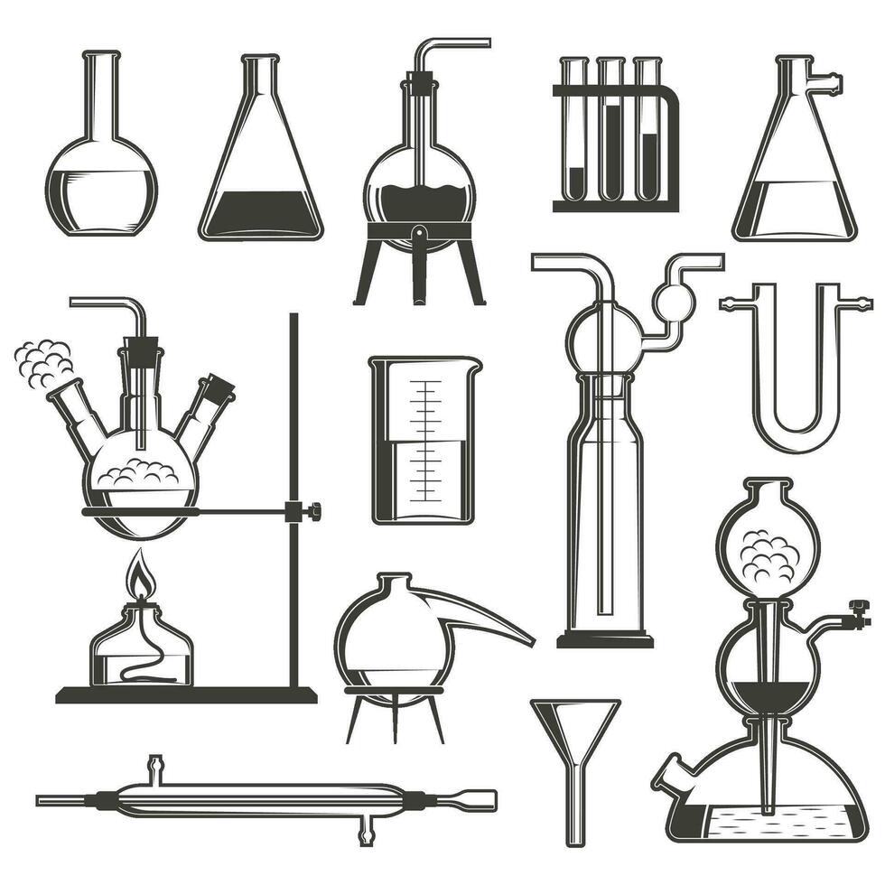 un conjunto de químico cristalería y dispositivos. vector