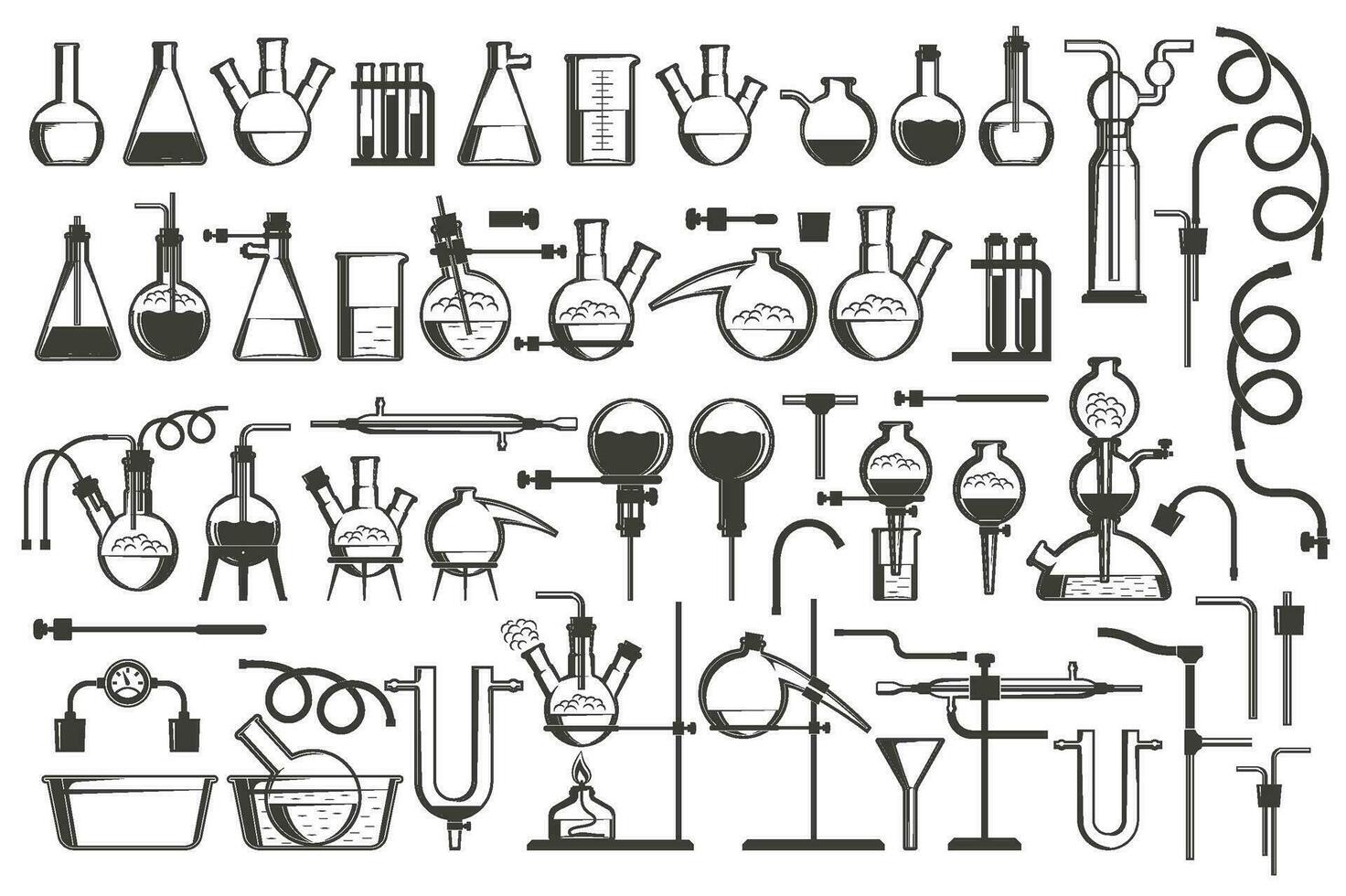 Chemical science design elements great set - equipment, flasks, retorts, containers, racks, hoses and so on. vector